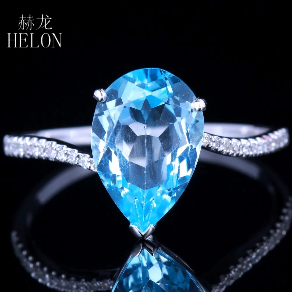 

HELON Certified Pear 3.12ct Blue Topaz Ring Real 14K White Gold Natural Diamond Ring For Women Engagement Wedding Trendy Jewelry