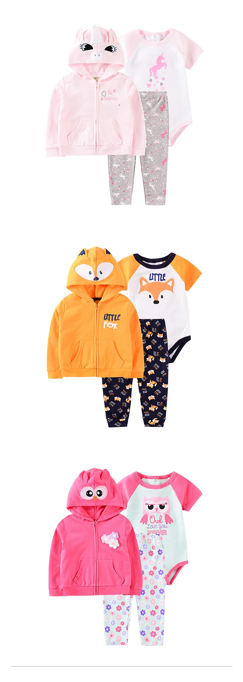 Комплект одежды для маленьких мальчиков и девочек, хлопковая куртка с капюшоном и длинными рукавами+ штаны+ комбинезоны для новорожденных, одежда для малышей, одежда унисекс для новорожденных