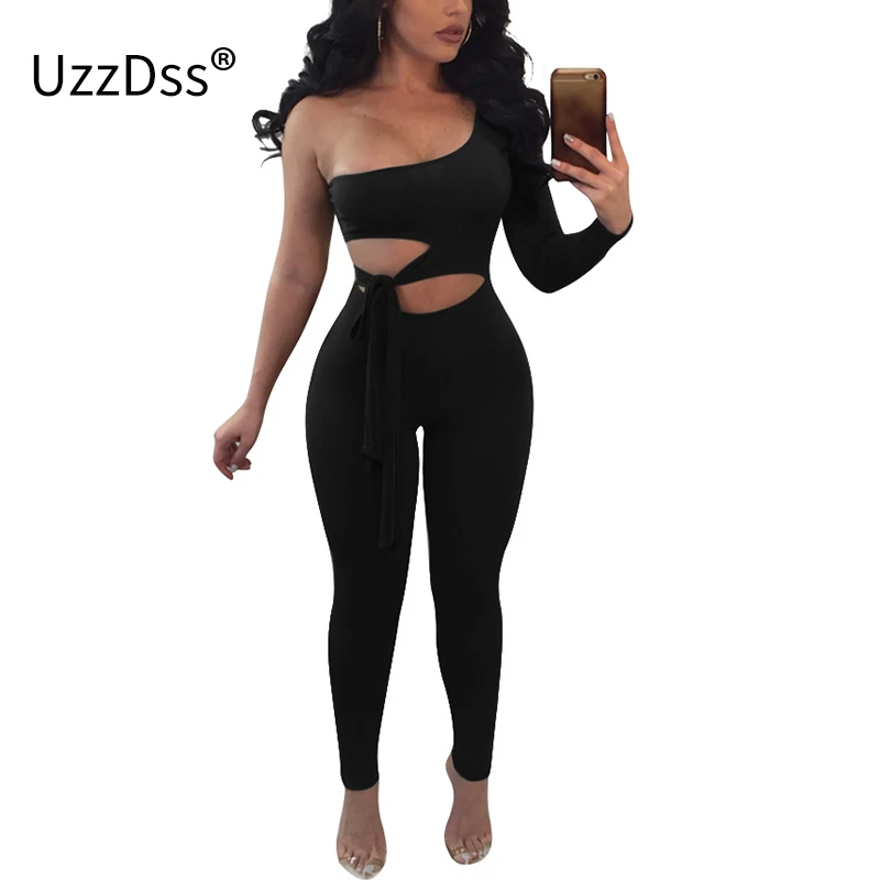 

UZZDSS Women One Shoulder Bow Tie Cut Out One Pieces Jumpsuit 2018 Autum Casual Sleeveless Bodysuit Backless Full Female Romper