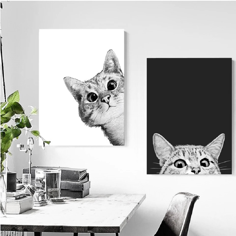 Печать на холсте, живопись в скандинавском стиле, милые черно-белые Плакаты для кошек, настенные художественные животные, модульные картины для гостиной, домашний декор