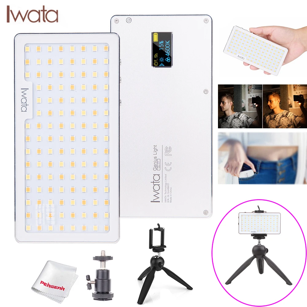 

Iwata Pocket LED Phone Video Photography Light OLED Display Ultra Thin Aluminum CRI96+ Dimmable 3000k-5500K w/ Battery & Tripod