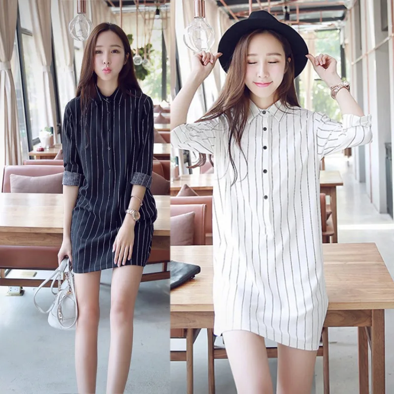 

Spring Summer Korean style Elegant stripes Dresses Women Vertical striped Slim Long sleeve Shirt Dress With Button
