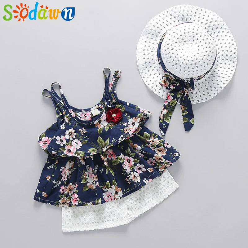 

Sodawn Infant Clothes Baby Girl Clothes Printing Top + Hollow Shorts+Hat 3Pcs Baby Girls Clohting Set Children Clothing 6-24M