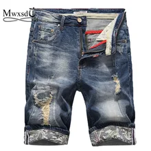 Марка mwxsd Лето Для мужчин Повседневное джинсовые х/Б мужские шорты отверстие Rip Шорты мужской с модным принтом Шорты по колено большие размеры, 38, 40