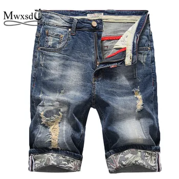 

Mwxsd Brand summer Men Casual Denim Shorts Men cotton Hole Rip Shorts male fashion printed shorts knee length big size 38 40