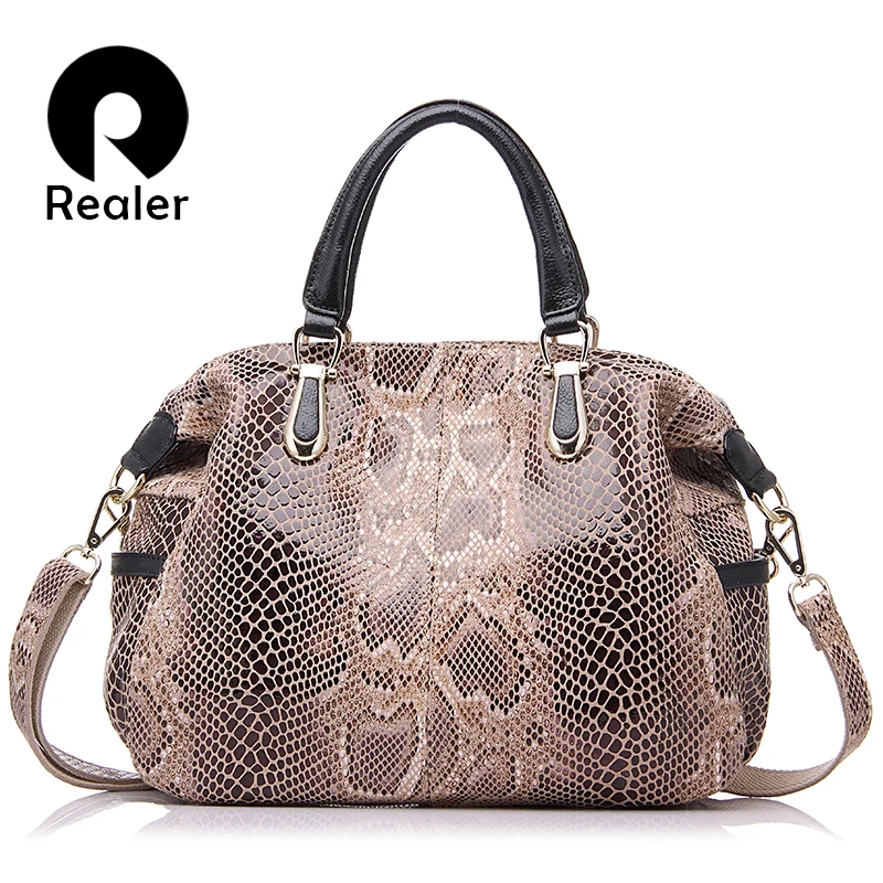 

REALER brand women genuine leather tote bag female fashion serpentine prints leather handbags boston bag large shoulder bag