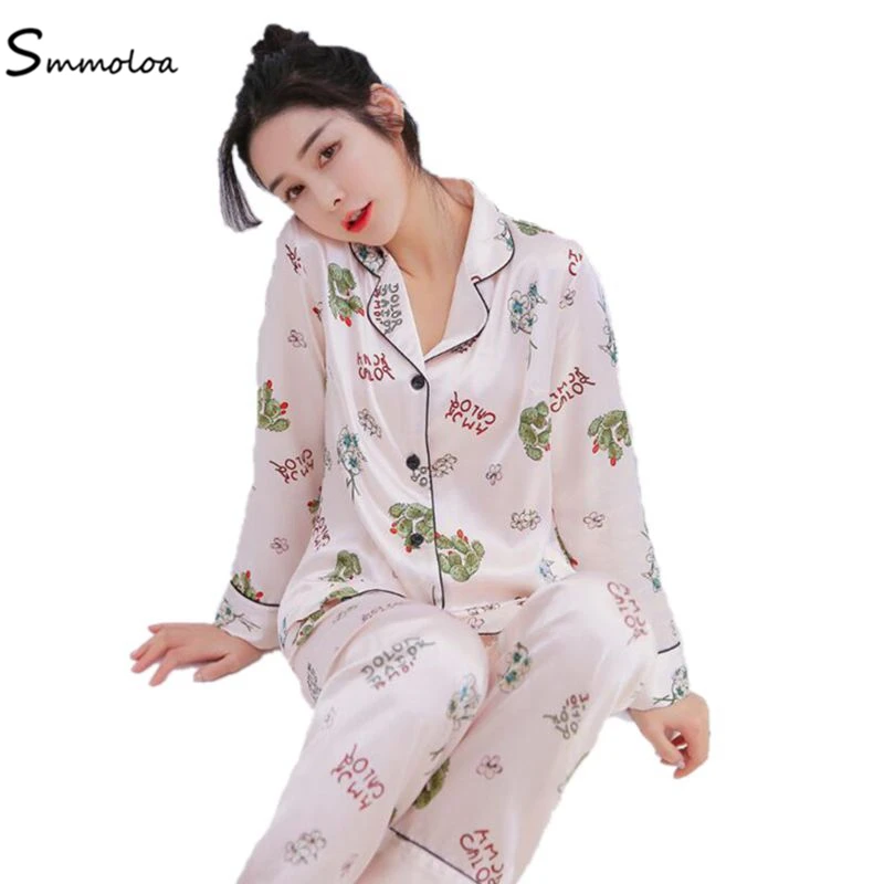 

Smmoloa 2019 New Print Women Pijama Satin Silk Pyjamas Long Sleeves Pajamas