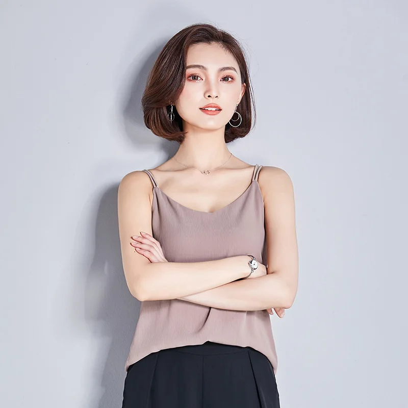 BOoDinerinle с синими бретельками Camisole двухслойные шифоновые Повседневные женские майки, топы Лето Плюс Размер v-образным вырезом Топ без спины - Цвет: khaki