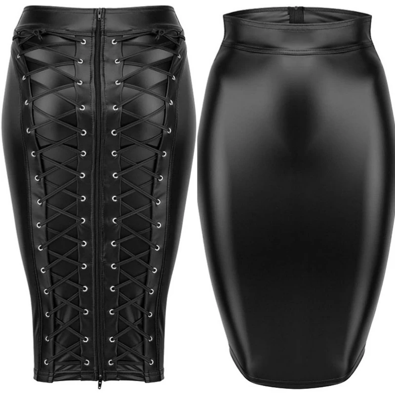Wetlook Черная Женская юбка из виниловой кожи с молнией сзади, юбка-карандаш для клуба, ночного клуба, высокая талия, облегающая юбка, летняя сексуальная латексная юбка