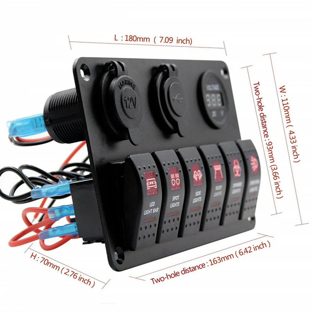 Waterproof Car Boat Switch Panel 12~24 V + USB Charging Port