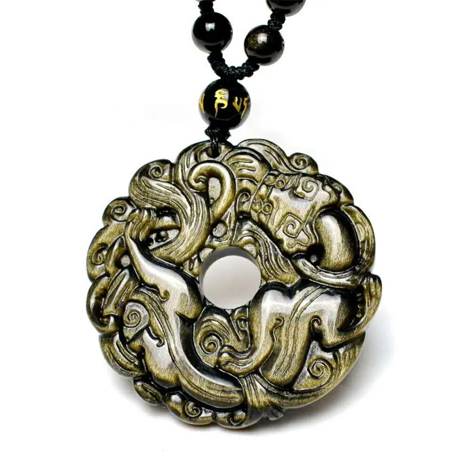 

100% Genuine Natural Pendant Gold Obsidian Gemstone Carving Design 45mm Round Bead 4 Styles Pi Xiu Necklaces AAAAA Drop Shipping