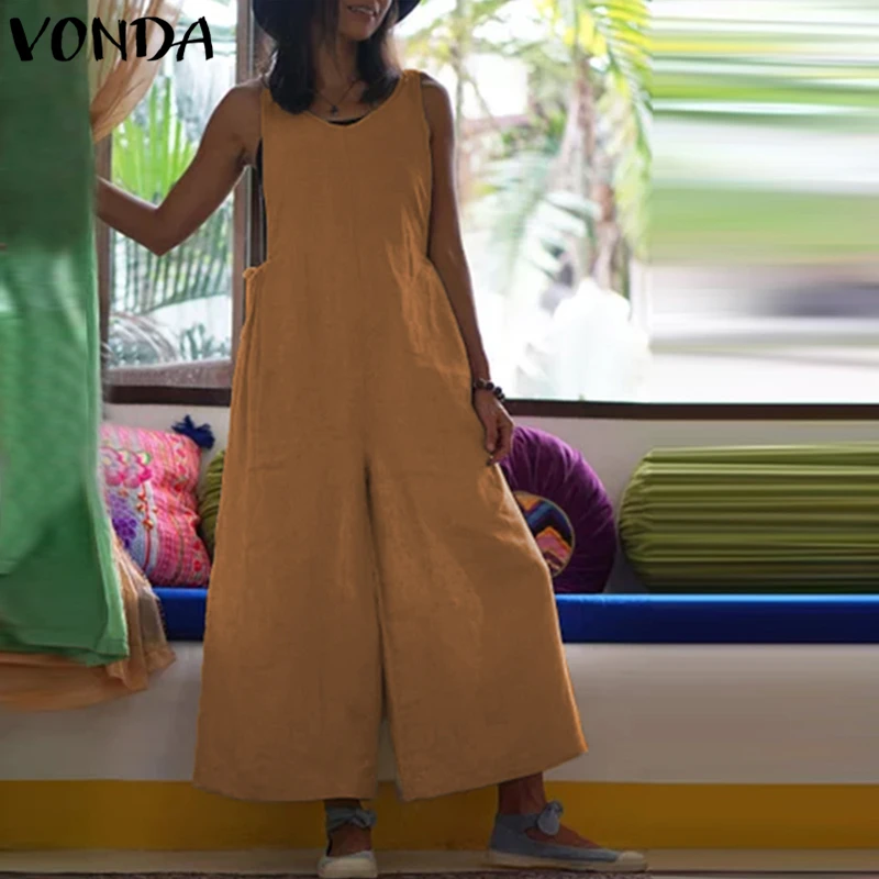 

VONDA Women Wide Leg Pants 2019 Autumn Rompers Womens Jumpsuit Sexy V Neck Sleeveless Cotton Playsuits Casual Overalls Trousers