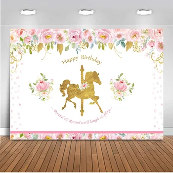 

Neoback Happy Birthday photography backdrop newborn baby unicorn theme party decoration banner Carousel background for photo 512