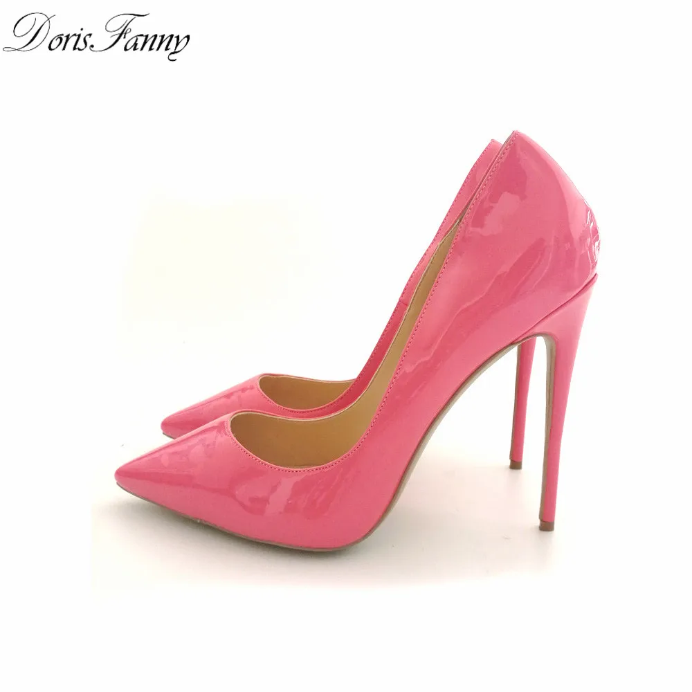 Buy Free shipping DorisFanny 10cm/12cm Pink high heels patent leather sexy prom