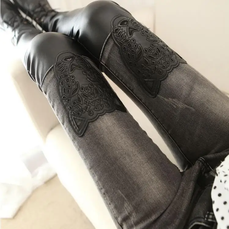 

2017 spring autumn women thin pu pant gray leather stitching leopard patch jeans pencil female