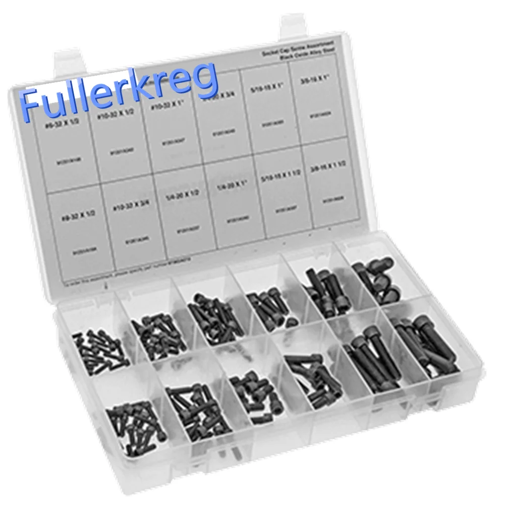 

6-32 to 3/8"-16 in 1/2" to 1 1/2" Lengths Socket Head Screw Assortment Inch Sizes, 170 Pieces, Black-Oxide Alloy Stee