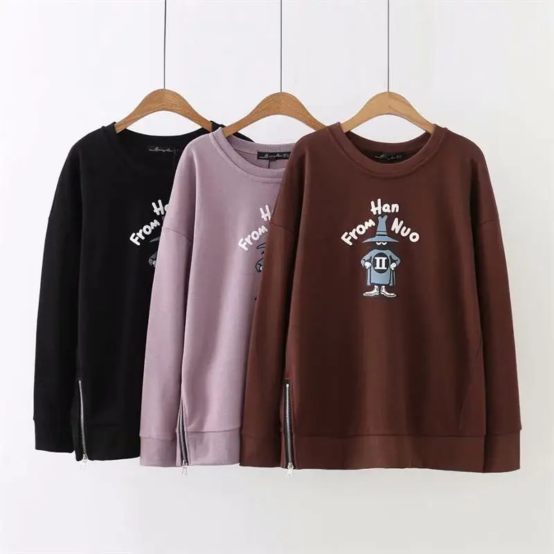 

Plus size cartoon print zipper hoodies women brown & black & violet O-Neck cotton sweatshirt 2018 spring Autumn ladies pullovers