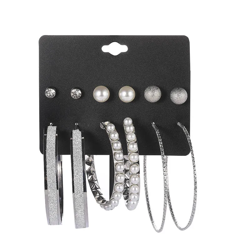 Punk 6 Pieces / Set Woman Exaggerated European and American Pearl Gold Large Circle Scrub Perforated Earring Set - Окраска металла: Покрытие антикварным серебром