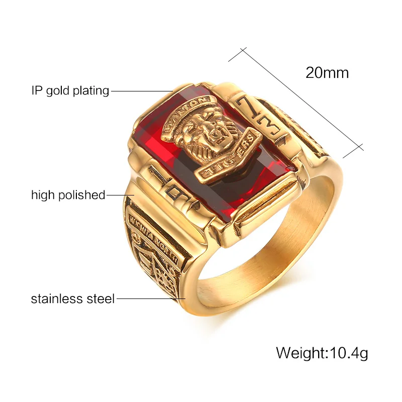 Fashion Mens Rings Gold-color Stainless Steel 1973 Walton Tiger High School Class Ring Geometric Design Black/Green/red/blue