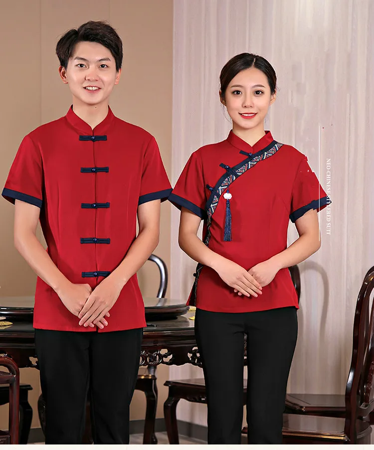  Chinese Style Waiter Uniform Summer Teahouse Featured Hotel Restaurant Overalls Short Sleeve Cafe K - 33026700243
