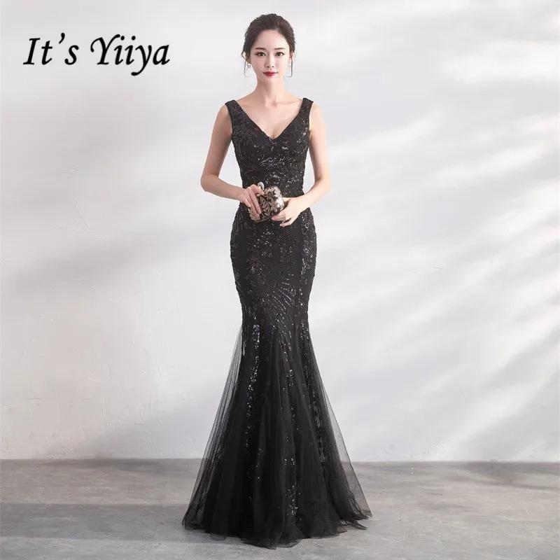 

It's YiiYa Evening Dress Black Shining Sequins Charming Formal Trumpet Dresses V-neck Sleeveless Floor length Party Gown E077