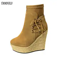 UMMEWALO Wedges Women Ankle Length Flock Boots Fashion Zipper Design Round Toe Wedges Winter Ankle Boots Ladies Shoes