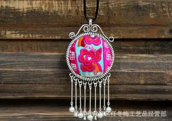 

Folk style embroidery Handmade Silver New Necklace Pendant embroidered flower seedlings randomly