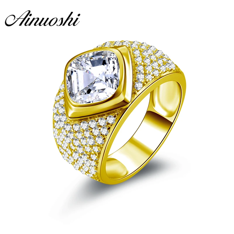 

AINUOSHI Luxury 10K Solid Yellow Gold Men Ring Rows Drill Square Cut Ring Engagement Wedding Male Jewelry 9.2g Big Wedding Band