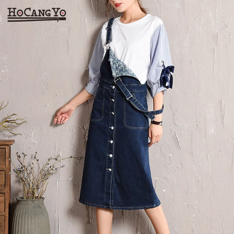 HCYO Plus Size 5XL Women Denim Dress Spring Autumn Spaghetti Strap Dresses Women Loose Casual Long Denim Sundress Overalls Dress