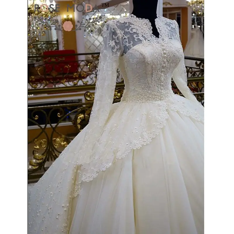 

Rose Moda Luxury Long Sleeves Wedding Dress 2019 with Long Train Vintage Lace Bridal Dresses