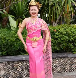 Таиланд Лаос уникальная одежда тайский дай традиционные плеча без рукавов Вуаль с прямой разрез розовый цвет меньшинств костюм