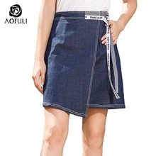 AOFULI плюс размер женские джинсовые юбки Лето Асимметричный джинсы одежда дамы шнуровке синие мини хлопок юбка L- XXXL 4XL 5XL A3570
