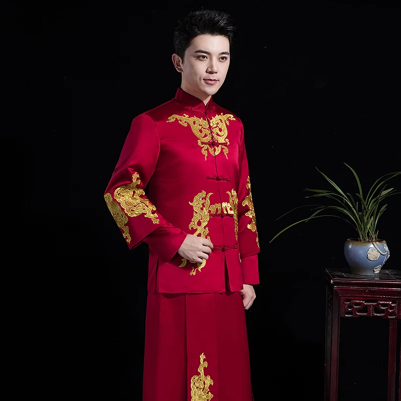 Традиционный красный китайский свадебная одежда Винтаж Жених Cheongsam Мужской hanfu вышивка Восточный Стенд воротник Тан костюм наборы