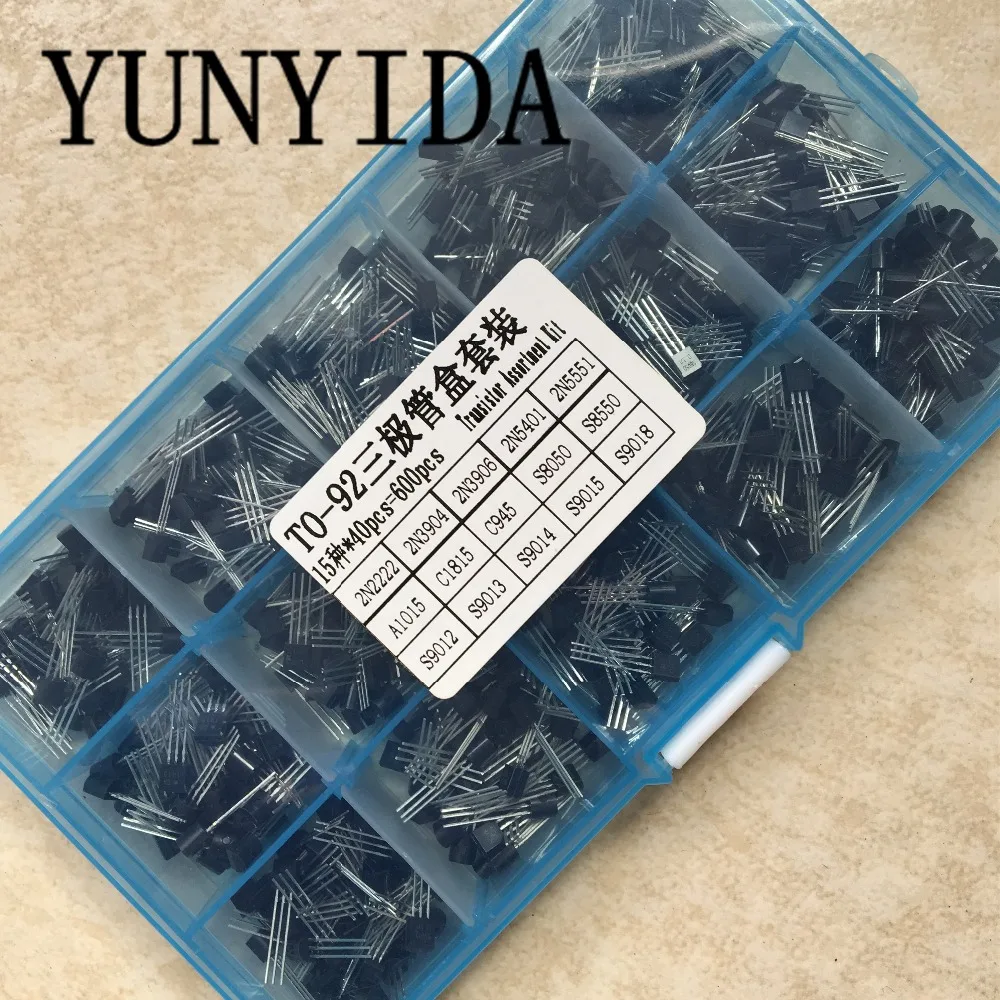 

600Pcs 15 Value x 40 Pcs Transistor TO-92 Assortment Box Kit Transistors 2N2222 2N3904 2N3906 C945 S8050 S8550 S9014 S9013 9018