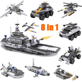 

743pcs/set DIY Educational 8 in 1 Armed Building Blocks Model Military Weapon Ship Tank Fighter Assembling Bricks Toys Kids