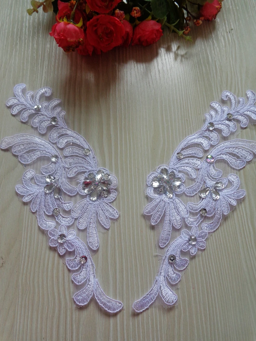 Handmade sew on crystal trim patches pure white lace applique with