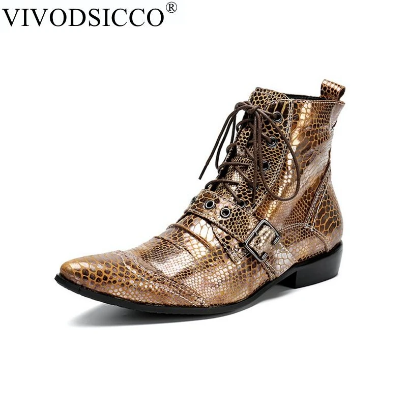 Vivodsicco New Punk Genuine Leather Men Ankle Boots Pointed Toe Lace Up