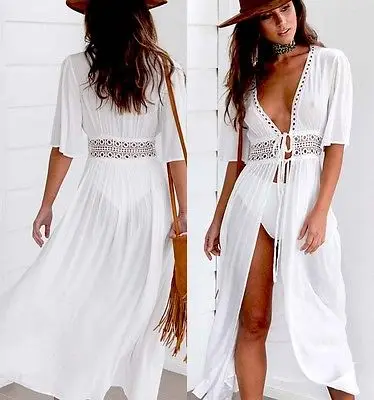 

2019 New Women Bikin Cover Ups Summer Beach Dress White Belt Lace Long Beachdress Bikini Swimsuit Beach Cover Dress Beachwear