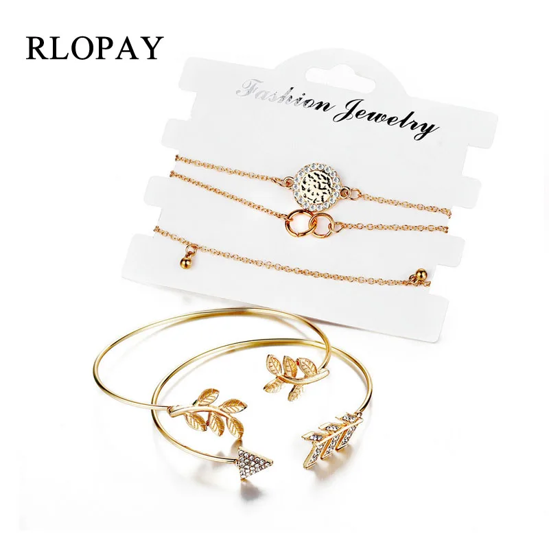 RLOPAY 5Pcs/Set Fashion Arrow Leaf Cuff Circle Round Bracelet Adjustable Bead Chain Female Bangle Jewelry Accessories | Украшения и