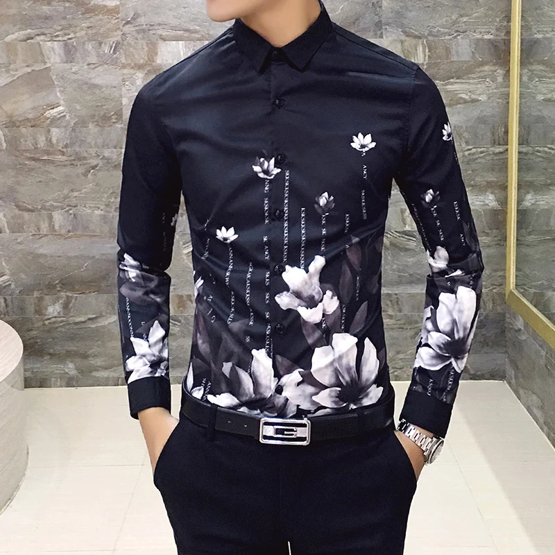 Качество полосатый Футболка с принтом Для мужчин с длинными рукавами Camisa Masculina Chemise Мужская, для общественных мест Для мужчин клуб нарядная рубашка Kemeja Pria 4XL - Цвет: 1536 Black