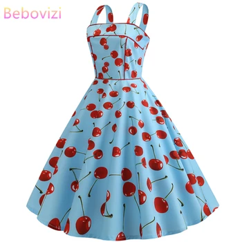 

Bebovizi New Summer Women Vintage Dress 2019 Casual Sexy Elegant Spaghetti Strap Party Dress Blue Plus Size Print Vestidos