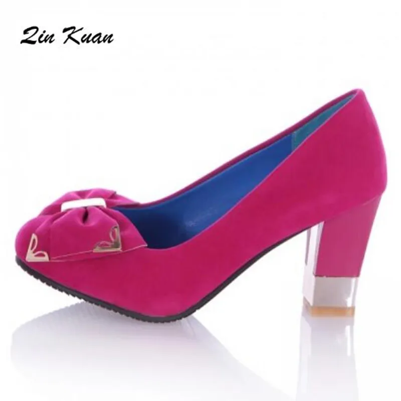 

Hot Sale Ladies Suede Thick Heel Party High Heel Shoes Plus Size 34-44 Women Round Toe Sweet Bow Ties Pumps QKP0044A