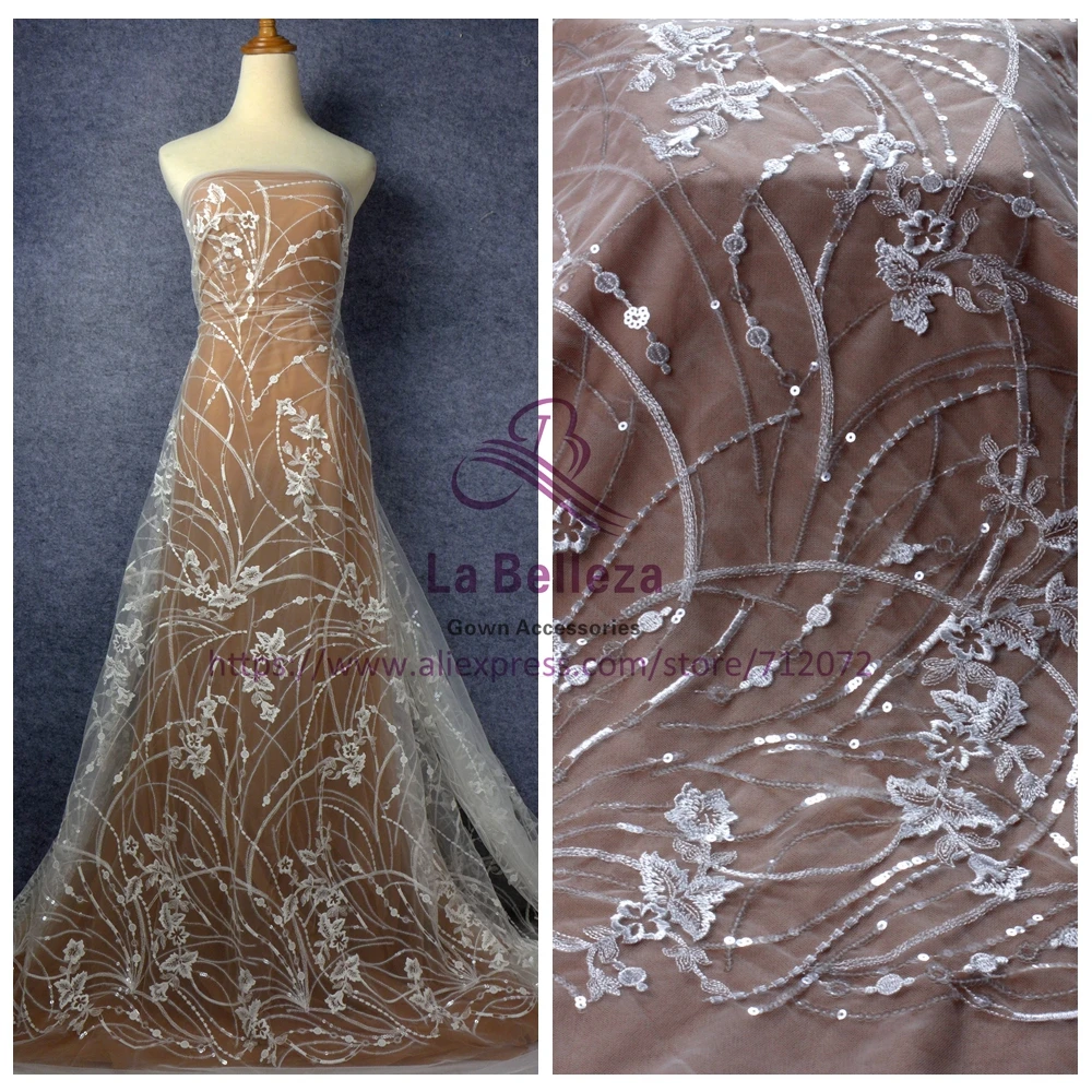 

La Belleza New off white polyster clear sequins on mesh embroidery bridel lace fabric 51'' width by yard SN171002