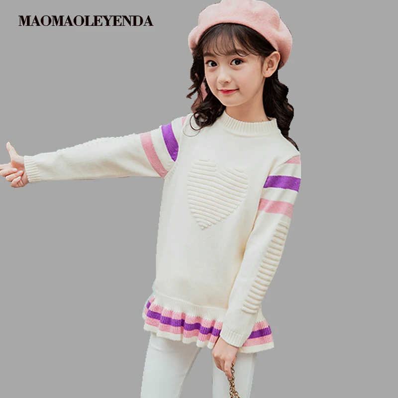 

new Girls Sweater Autumn Girls Knitted Sweaters Striped Heart Pattern Kids Top Winter Christmas Girls Clothing 4 6 8 12 14 Years