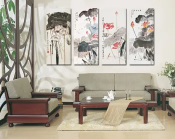 

4 piece wall art chinese painting large wall pictures for living room paintings canvas flowers Ink painting lotus Writing brush