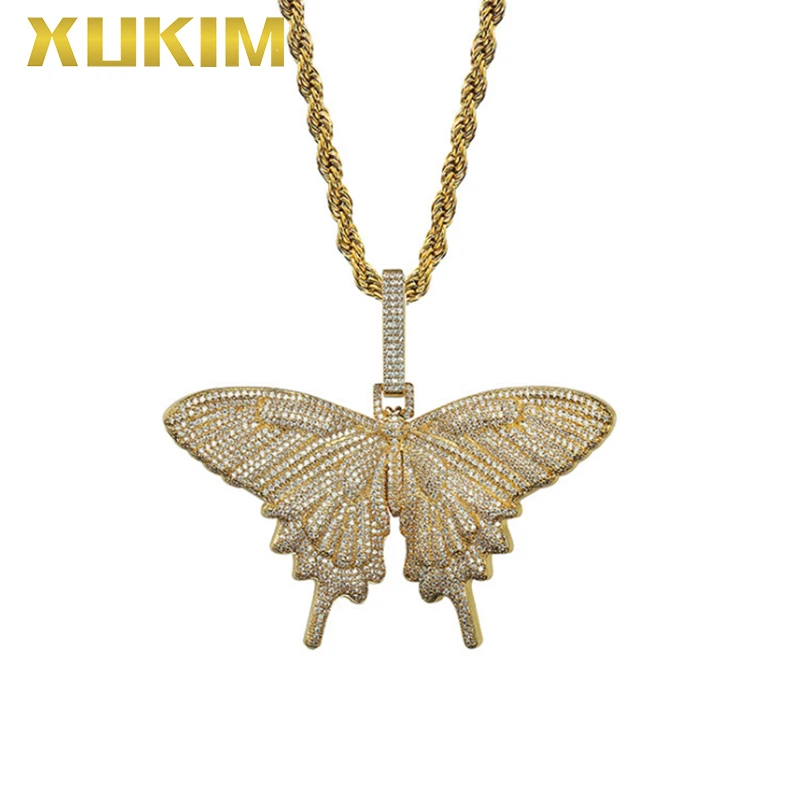 

PH049-G Xukim Jewelry Men Women Hip Hop Iced Out Colorful Silver Gold Butterfly Pendant Necklace