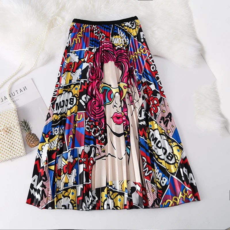 Мультяшная длинная Плиссированная юбка для женщин, европейский стиль, юбка с высокой талией, весна-лето, высокая уличная юбка средней длины, эластичная талия, трапециевидная