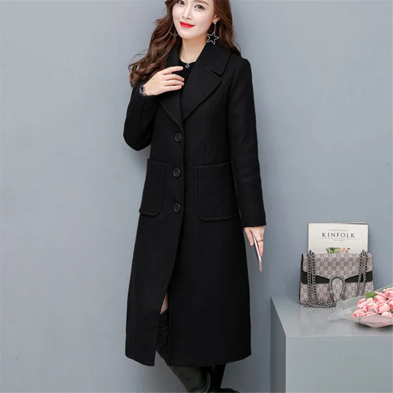Зимнее корейское женское длинное шерстяное пальто элегантное модное дизайнерское пальто размера плюс