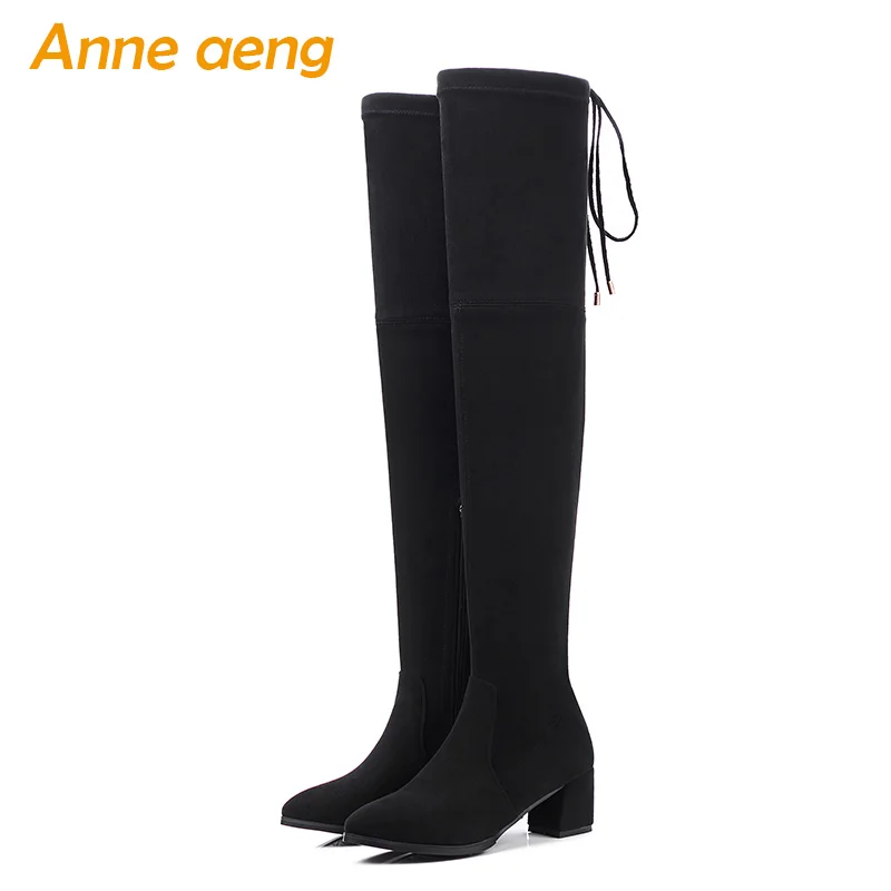 

2018 New Winter Kid Suede Women Over-The-Knee Boots Middle Heel Square Toe Zipper Sexy Ladies Women Shoes Black Thigh High Boots