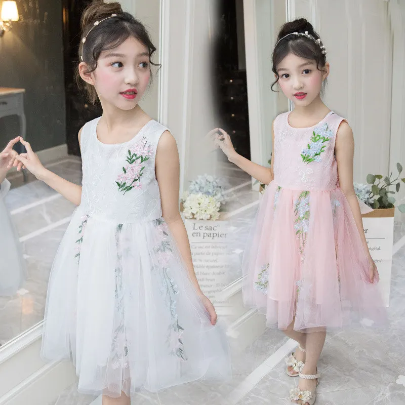 

New Summer Mesh Lace Embroidered Girl Dress Ceremony Princess Sleeveless Dresses for Teenager 4 5 7 8 9 10 11 12 13 Years